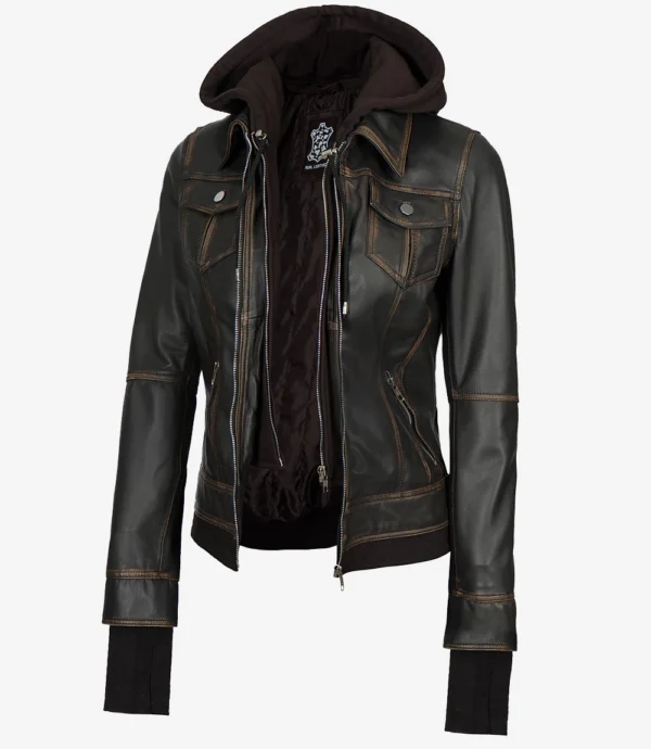Women Dark Brown Hooded Leather Bomber Jacket