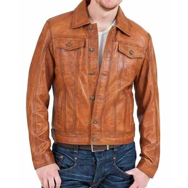 Men Brown Distressed Leather Trucker Jacket