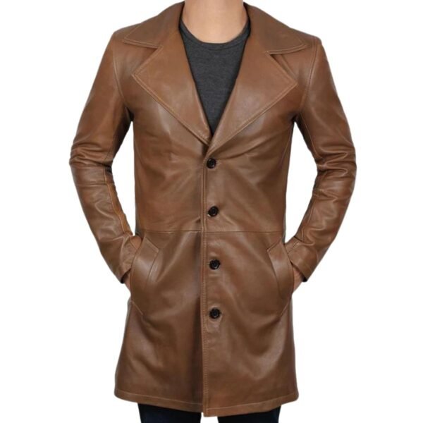 Mens Distressed Brown Leather Trench Coat