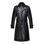 Men Black Double Collar Leather Trench Coat