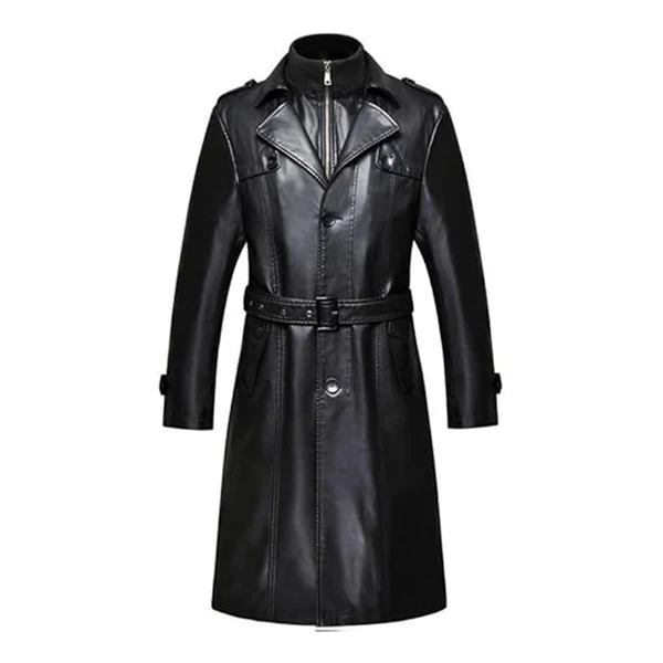 Men Black Double Collar Leather Trench Coat