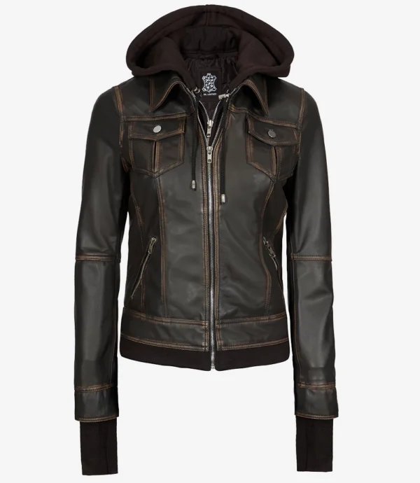 Women Dark Brown Hooded Leather Bomber Jacket