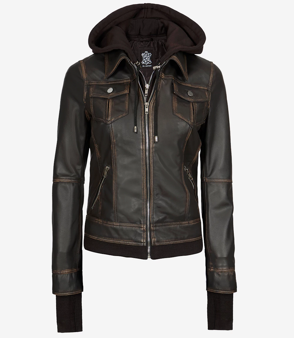 Women Dark Brown Hooded Leather Bomber Jacket