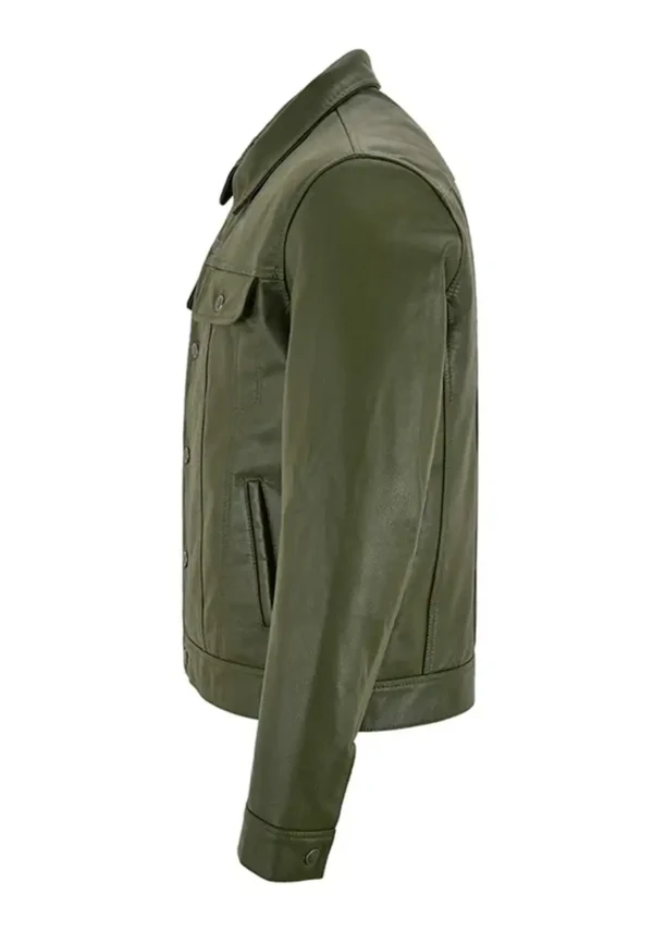 Men Olive Green Leather Trucker Jacket