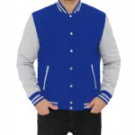 Men Grey And Royal Blue Baseball Varsity Jacket