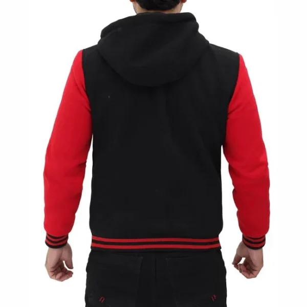 Men Red And Black Baseball Hooded Varsity Jacket