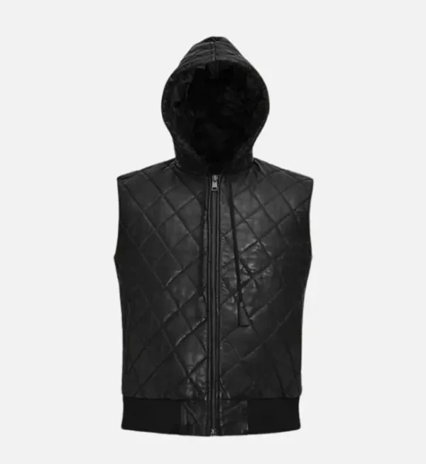 Men Quilted Black Hooded Leather Vest