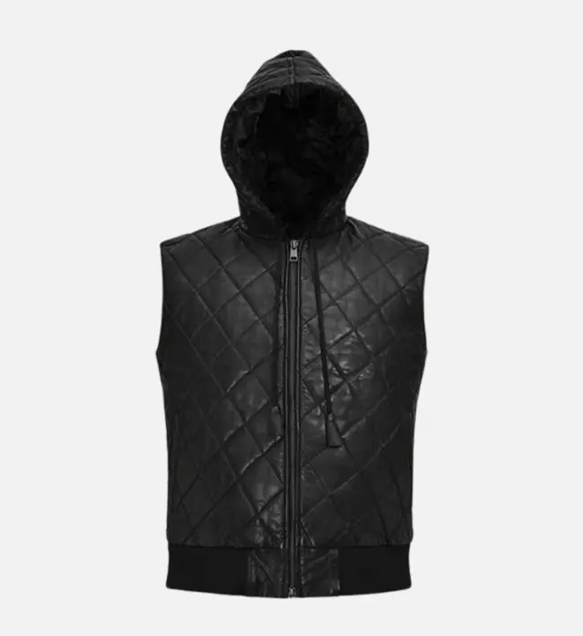 Men Quilted Black Hooded Leather Vest