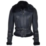 Women Black Sheepskin Leather Bomber Fur Jacket
