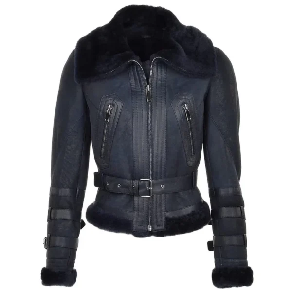 Women Black Sheepskin Leather Bomber Fur Jacket