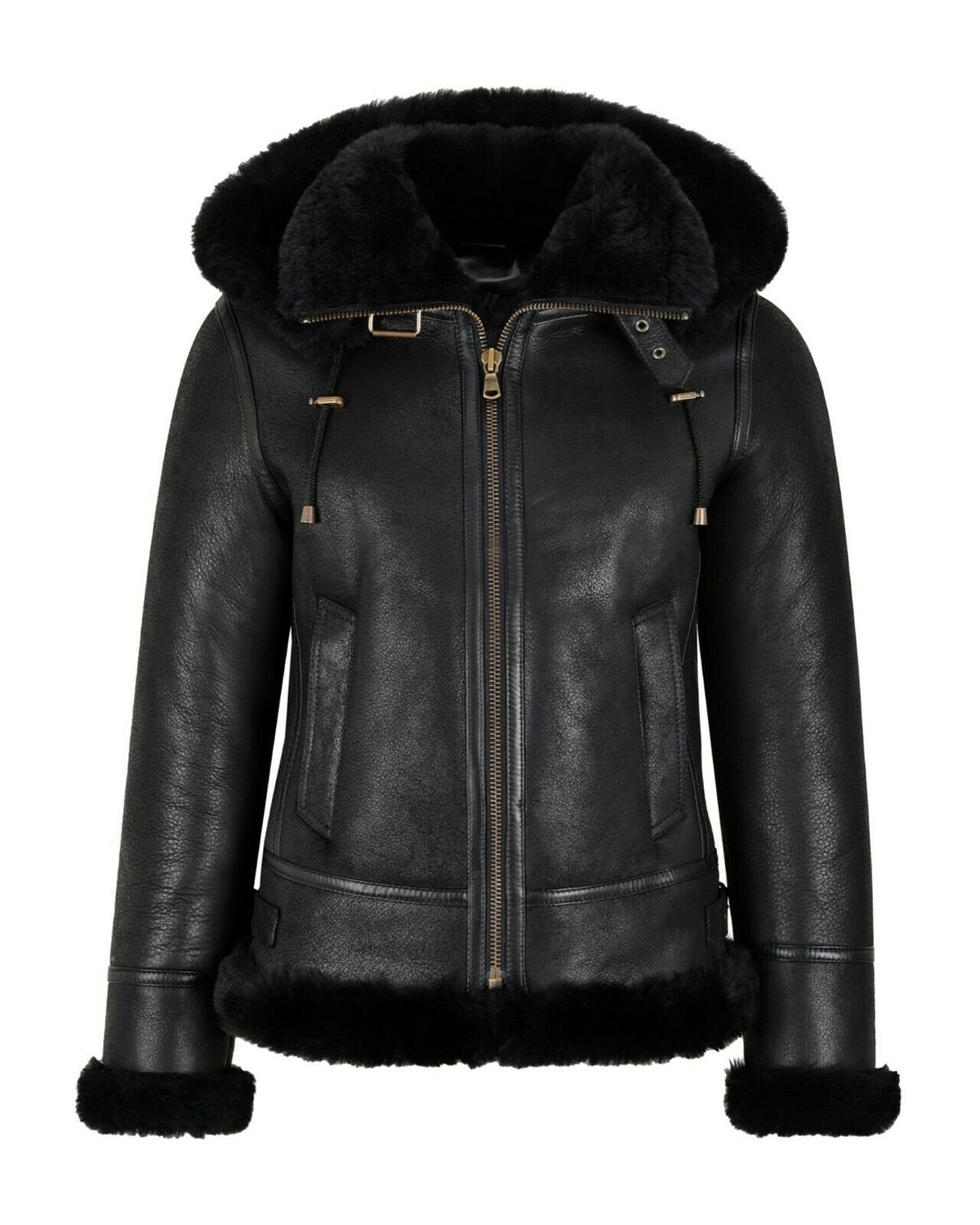 Women Shearling Black Leather Hooded Jacket