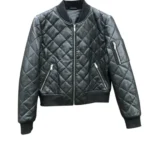 Women Black Leather Quilted Bomber Jacket