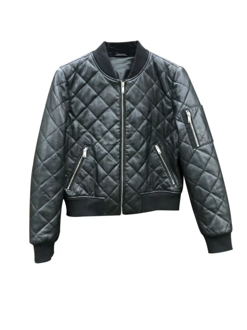 Women Black Leather Quilted Bomber Jacket