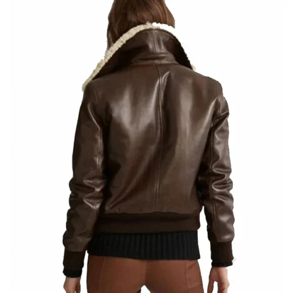 Women Brown Sherpa Leather Bomber Jacket