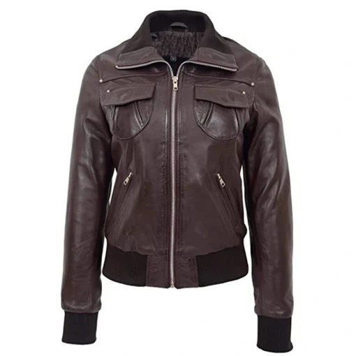 Women Chocolate Brown Bomber Leather Jacket