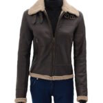 Women Dark Brown Leather Bomber Shearling Jacket