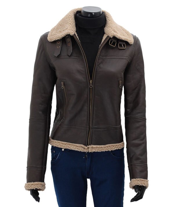 Women Dark Brown Leather Bomber Shearling Jacket