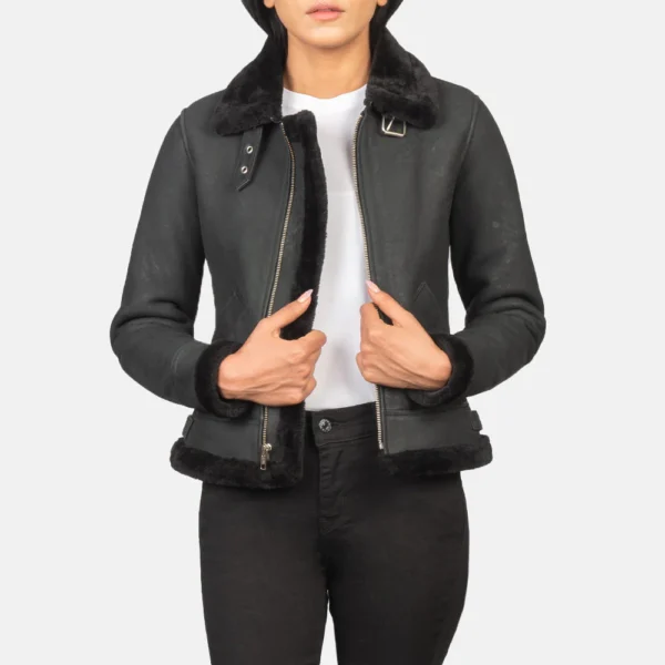 Women Distressed Black Leather Bomber Jacket