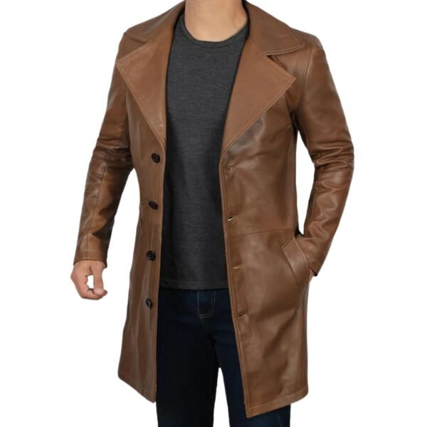 Mens Distressed Brown Leather Trench Coat