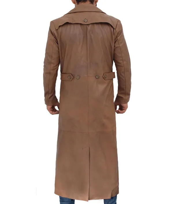 Men Long Brown Leather Trench Coat