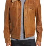 Men Brown Buffalo Leather Trucker Jacket