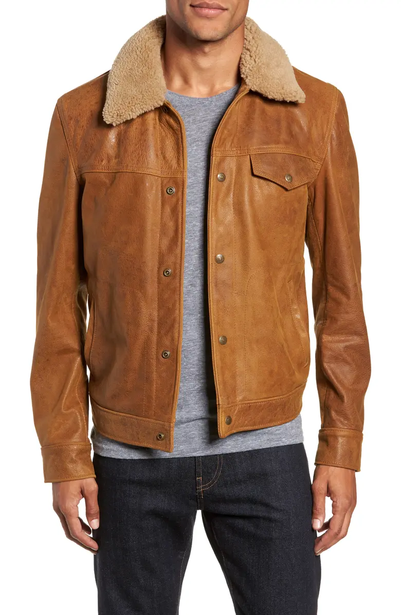 Men Brown Buffalo Leather Trucker Jacket