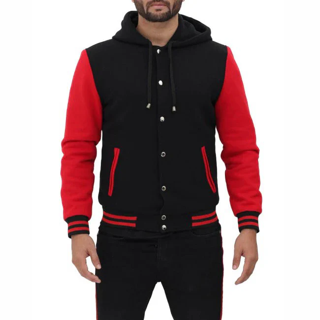 Men Red And Black Baseball Hooded Varsity Jacket