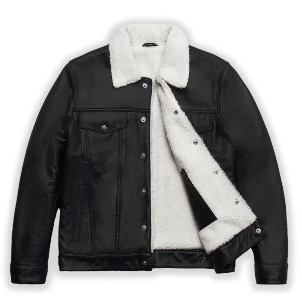 Men Black And White shearling leather trucker jacket
