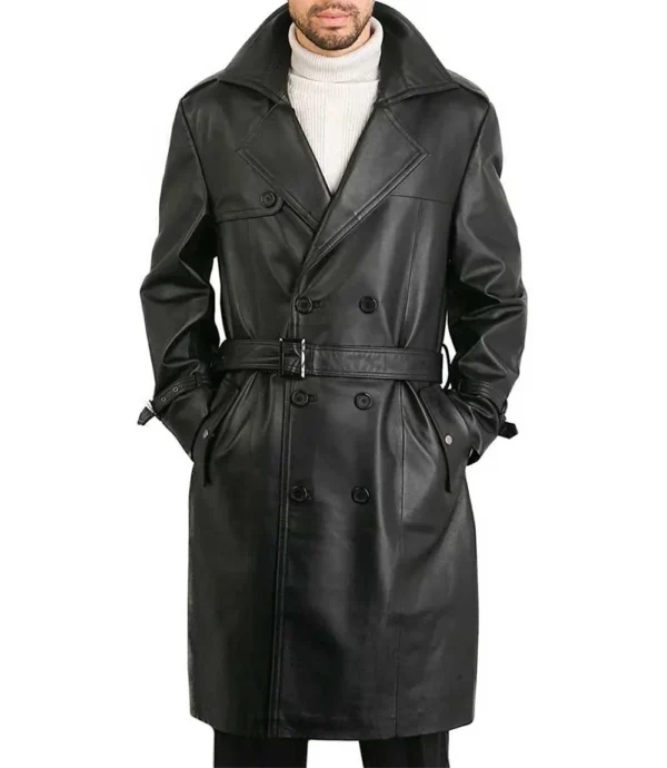 Men Classic Black Genuine Leather Trench Coat