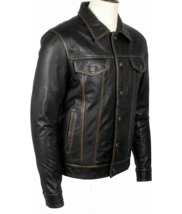 Men Black Leather Trucker Racer Jacket