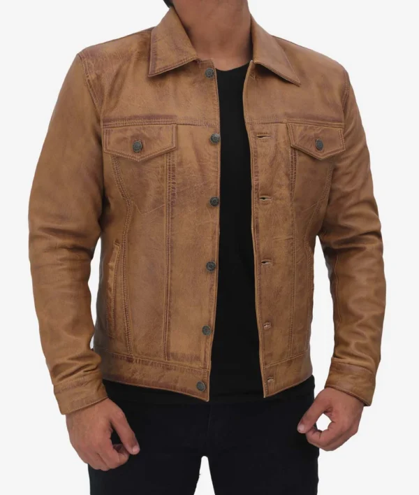 Men Camel Brown Leather Trucker Jacket