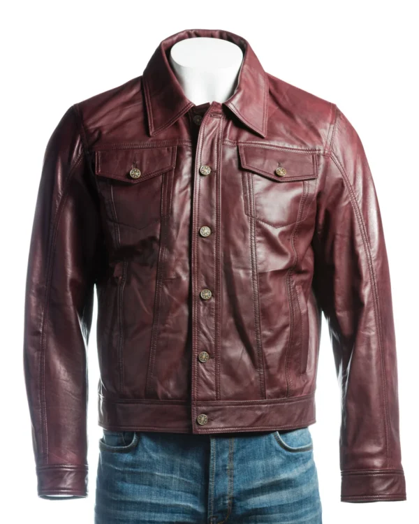 Mens Burgundy Leather Trucker Jacket