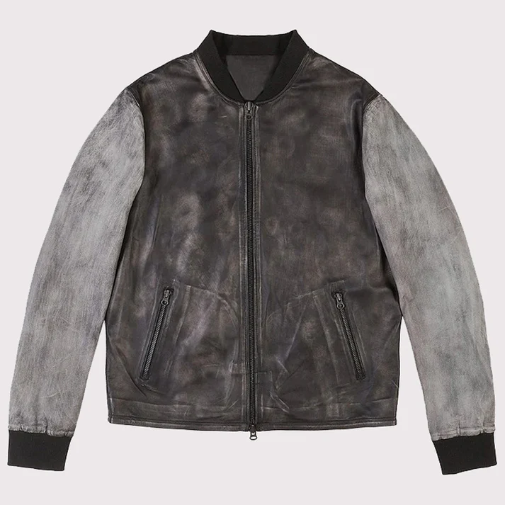 Men Distressed Varsity Style Leather Baseball Jacket