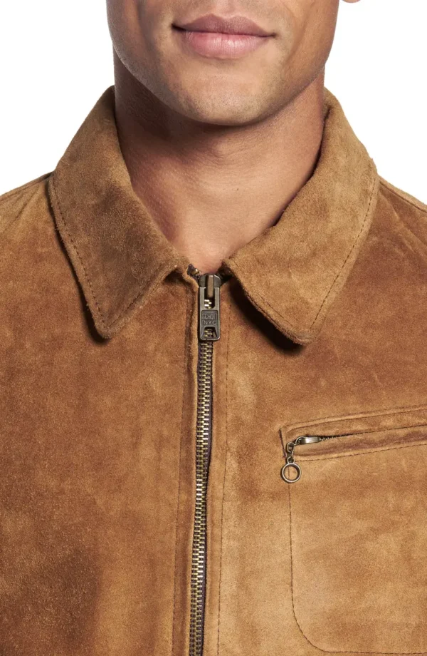 Men Cowhide Rough Out Leather Trucker Jacket