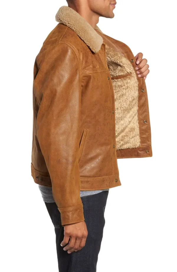 Men Brown Buffalo Leather Trucker Jacket