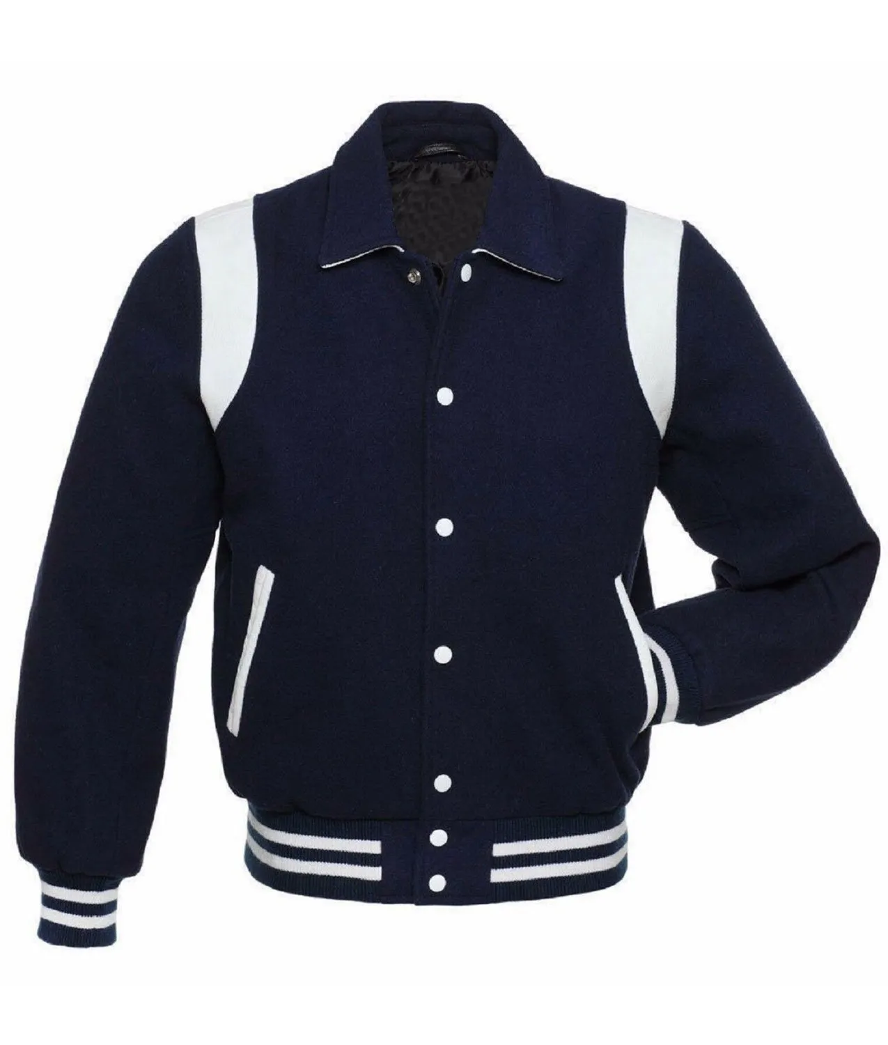 Men Navy Blue Wool White Varsity Leather