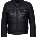 Men Black Quilted Modern Fit Leather Trucker Jacket