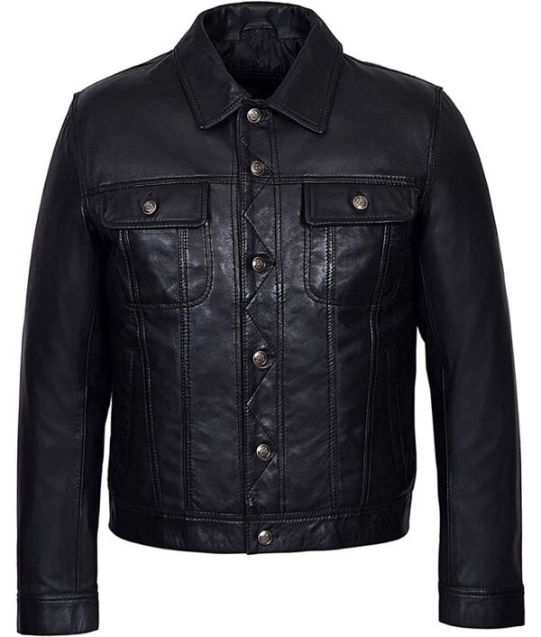Men Black Quilted Modern Fit Leather Trucker Jacket