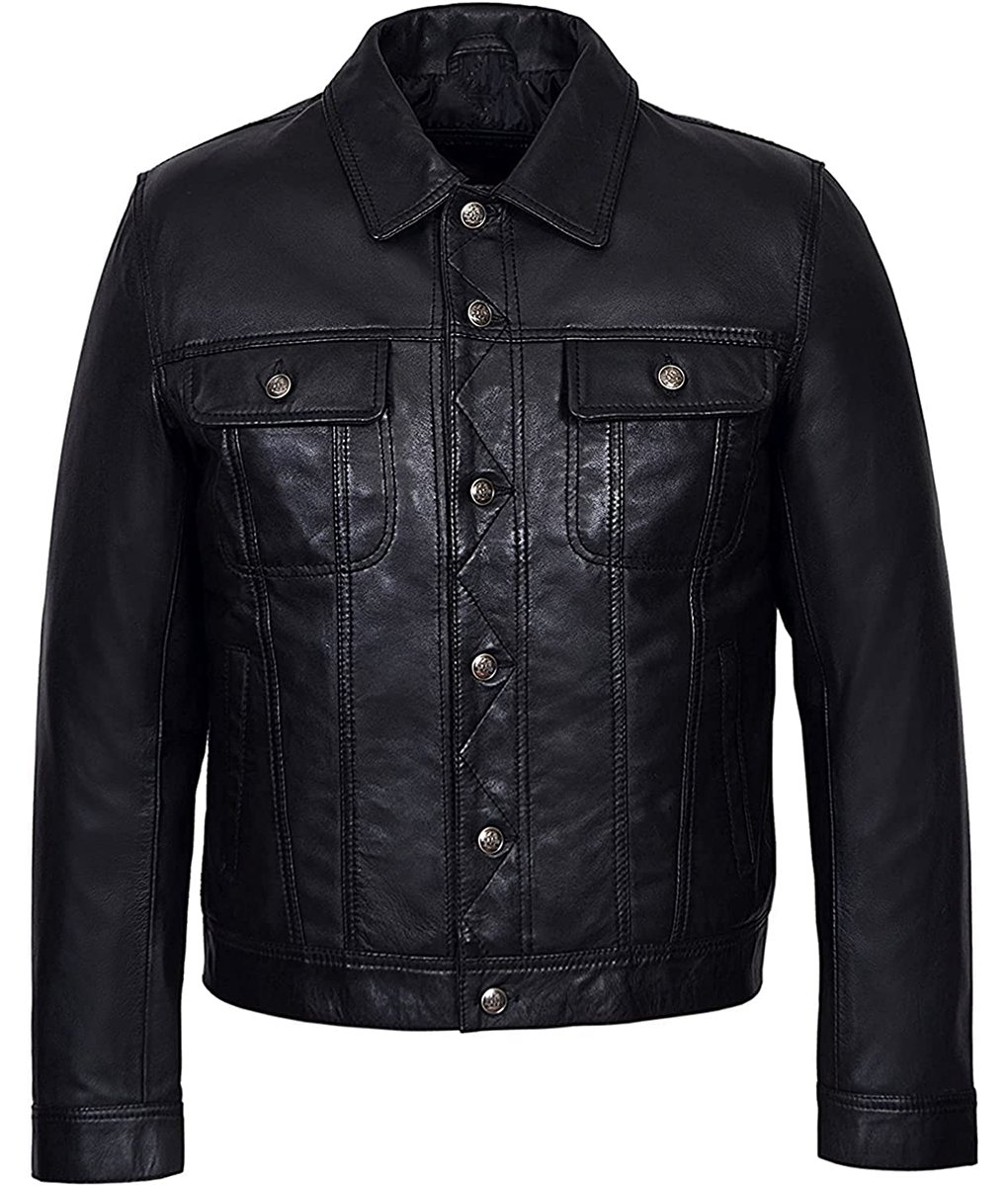 Men Black Quilted Modern Fit Leather Trucker Jacket