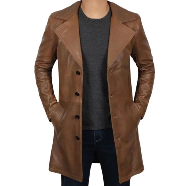Mens Distressed Brown Leather Trench Coat
