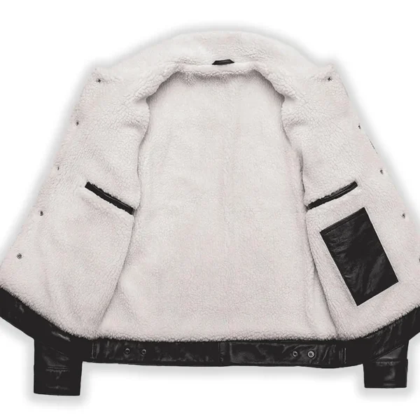 Men Black And White shearling leather trucker jacket