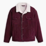 Men Burgundy Sherpa Trucker Western Jacket