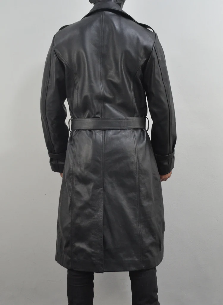 Men Belted Single Breasted Black Leather Trench Coat