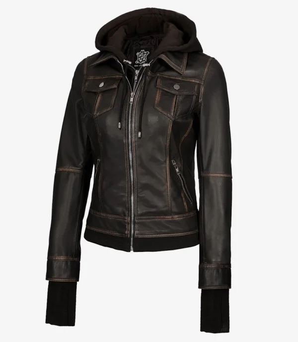 Women Dark Brown Hooded Leather Bomber Jacket
