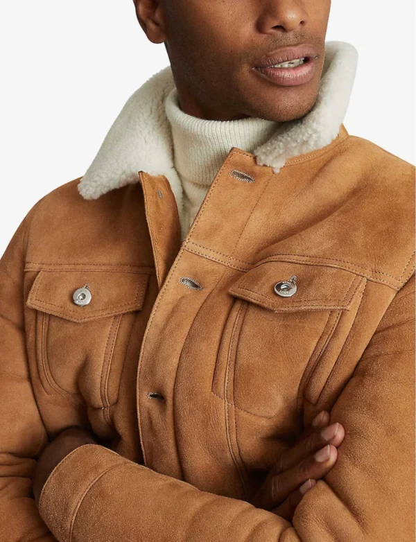 Men Tan Brown Sherpa Trucker Jacket