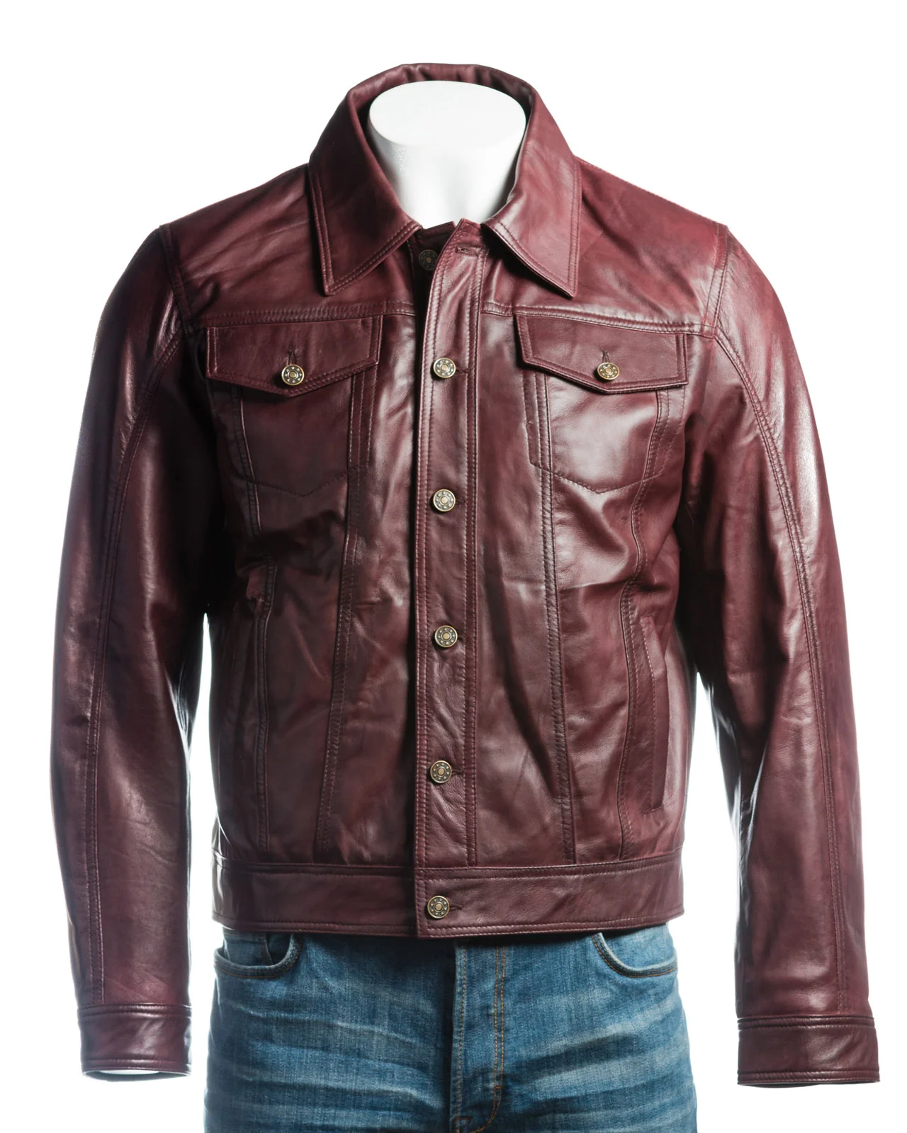 Men Burgundy Leather Trucker Jacket