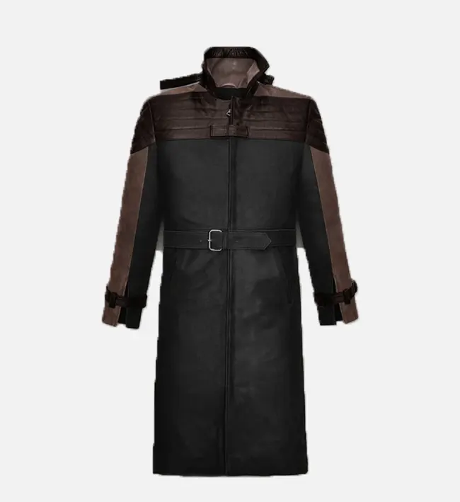 Men Black And Brown Leather Trench Coat