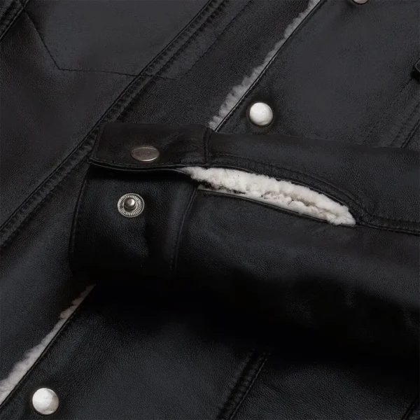 Men Black And White shearling leather trucker jacket