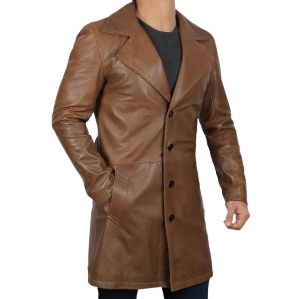 Mens Distressed Brown Leather Trench Coat