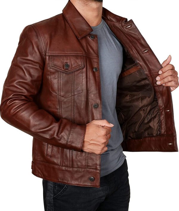 Men Brown Vintage Classic Leather Trucker Jacket